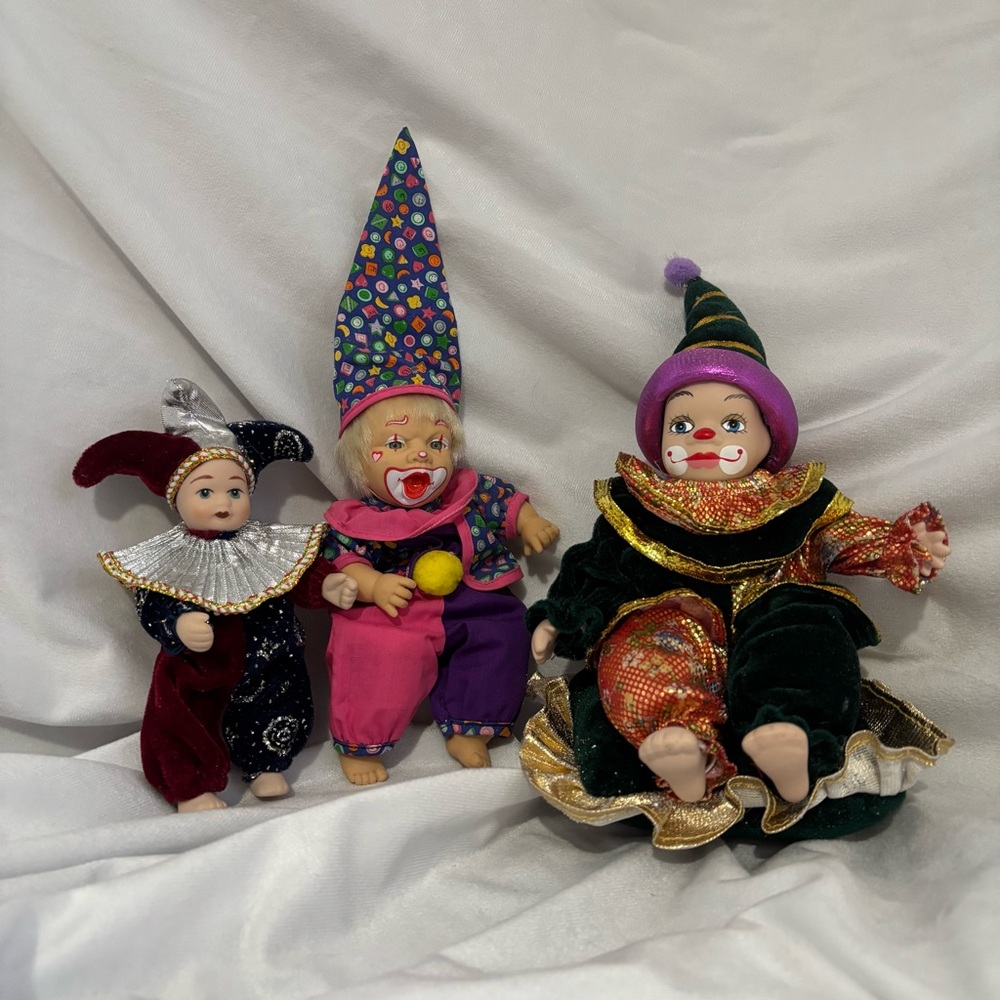 Vintage Circus Clown Dolls Set Toy Collector Posable Jester Decor